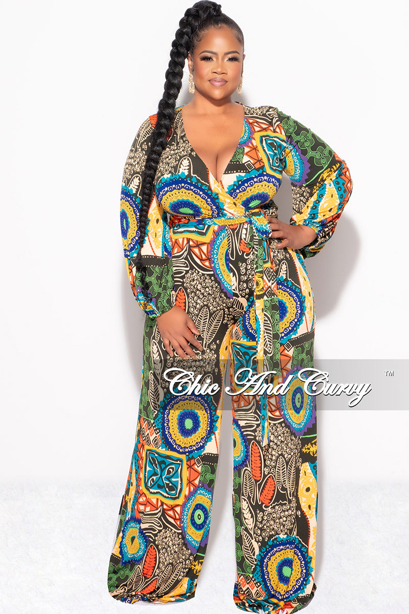 Final Sale Plus Size Faux Wrap Jumpsuit with Waist Tie in Multi Color Design Print