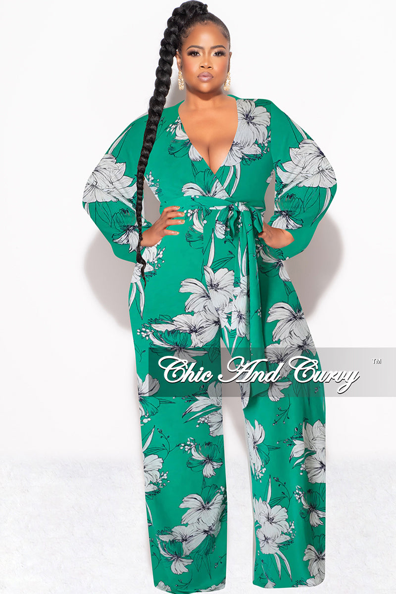 Final Sale Plus Size Faux Wrap Jumpsuit with Waist Tie in Green and White Floral Print