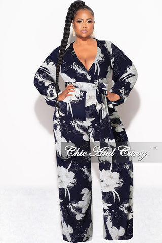 Final Sale Plus Size Faux Wrap Jumpsuit with Waist Tie in Navy and White Floral Print