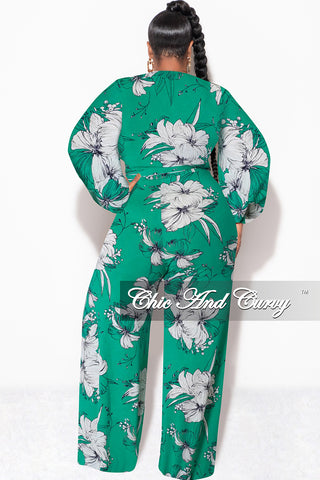 Final Sale Plus Size Faux Wrap Jumpsuit with Waist Tie in Green and White Floral Print