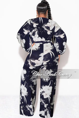 Final Sale Plus Size Faux Wrap Jumpsuit with Waist Tie in Navy and White Floral Print