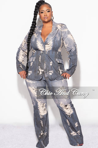 Final Sale Plus Size 2pc Blazer and Pants Set in Distressed Denim Print Fabric