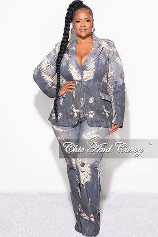 Final Sale Plus Size 2pc Blazer and Pants Set in Distressed Denim Print Fabric