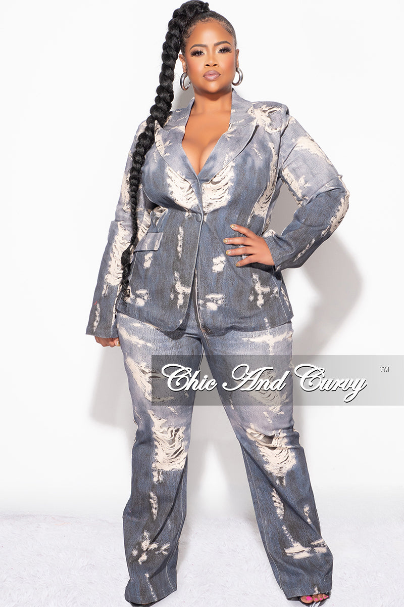 Final Sale Plus Size 2pc Blazer and Pants Set in Distressed Denim Print Fabric