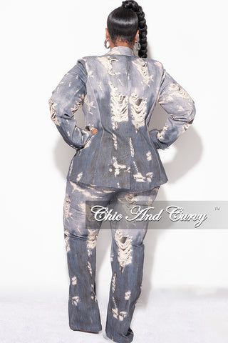 Final Sale Plus Size 2pc Blazer and Pants Set in Distressed Denim Print Fabric