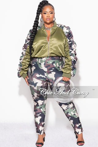 Final Sale Plus Size 2pc Satin Crop Zip Up Jacket and Legging Set in Camouflage Print