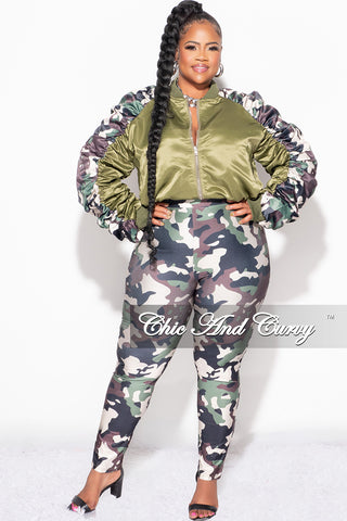 Final Sale Plus Size 2pc Satin Crop Zip Up Jacket and Legging Set in Camouflage Print