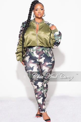 Final Sale Plus Size 2pc Satin Crop Zip Up Jacket and Legging Set in Camouflage Print