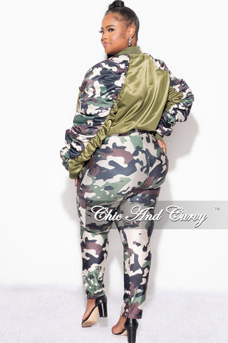 Final Sale Plus Size 2pc Satin Crop Zip Up Jacket and Legging Set in Camouflage Print