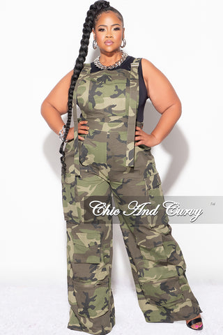 Final Sale Plus Size Spaghetti Strap Button Up Cargo Overalls in Camouflage