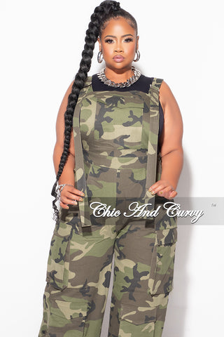 Final Sale Plus Size Spaghetti Strap Button Up Cargo Overalls in Camouflage