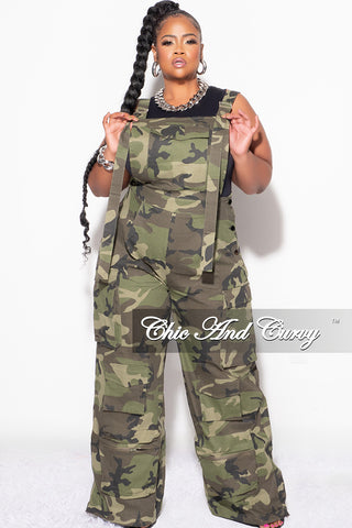 Final Sale Plus Size Spaghetti Strap Button Up Cargo Overalls in Camouflage