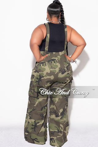 Final Sale Plus Size Spaghetti Strap Button Up Cargo Overalls in Camouflage