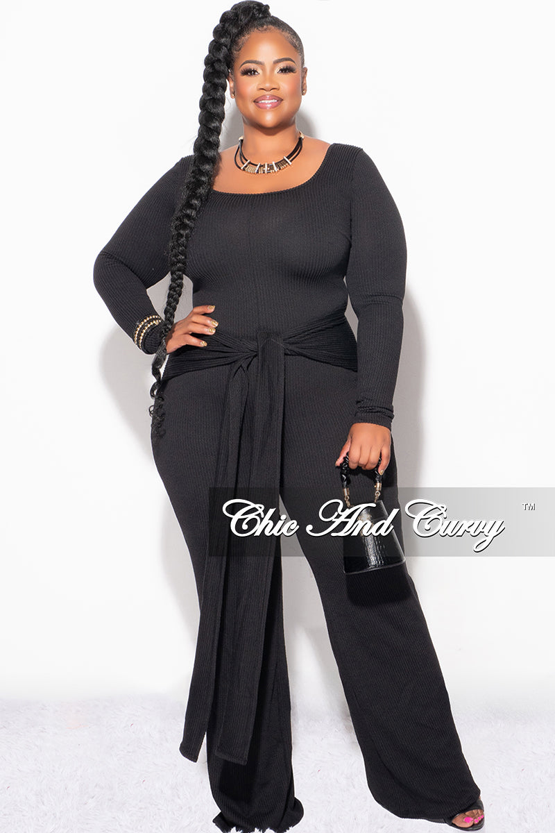 Final Sale Plus Size Ribbed Jumpsuit with Attached Tie in Black