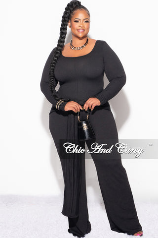 Final Sale Plus Size Ribbed Jumpsuit with Attached Tie in Black