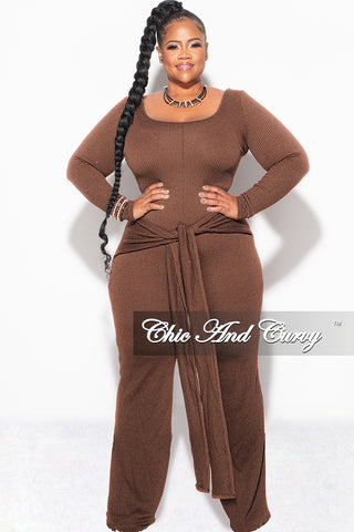 Final Sale Plus Size Ribbed Jumpsuit with Attached Tie in Brown