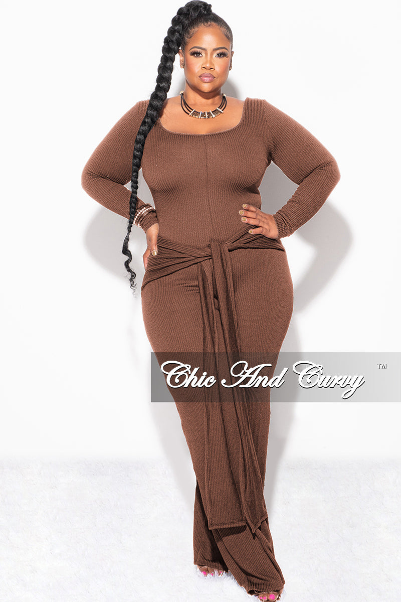 Final Sale Plus Size Ribbed Jumpsuit with Attached Tie in Brown