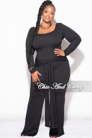 Final Sale Plus Size Ribbed Jumpsuit with Attached Tie in Black