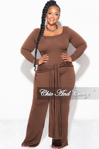 Final Sale Plus Size Ribbed Jumpsuit with Attached Tie in Brown