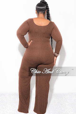 Final Sale Plus Size Ribbed Jumpsuit with Attached Tie in Brown