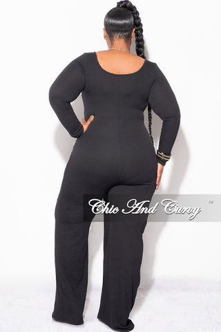 Final Sale Plus Size Ribbed Jumpsuit with Attached Tie in Black