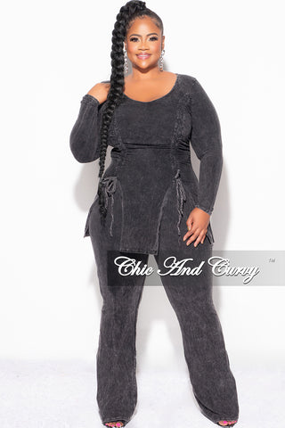 Final Sale Plus Size 2pc Ruched Drawstring Double Slit Top and Pants Set in Black