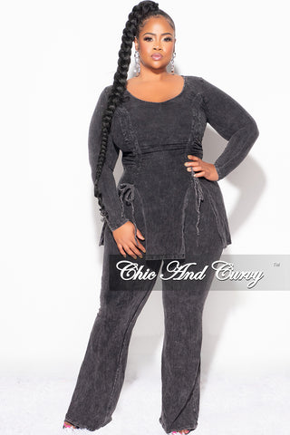 Final Sale Plus Size 2pc Ruched Drawstring Double Slit Top and Pants Set in Black