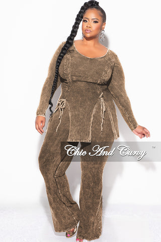 Final Sale Plus Size 2pc Ruched Drawstring Double Slit Top and Pants Set in Brown