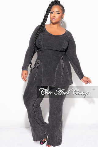 Final Sale Plus Size 2pc Ruched Drawstring Double Slit Top and Pants Set in Black