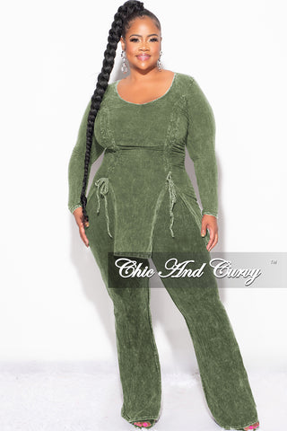 Final Sale Plus Size 2pc Ruched Drawstring Double Slit Top and Pants Set in Green