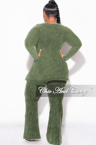 Final Sale Plus Size 2pc Ruched Drawstring Double Slit Top and Pants Set in Green