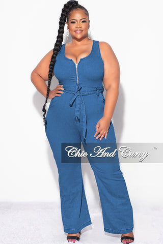 Final Sale Plus Size Sleeveless Zip-Up Jumpsuit with Attached Tie in Dark Denim