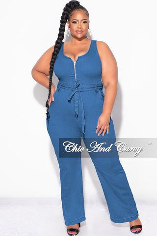 Final Sale Plus Size Sleeveless Zip-Up Jumpsuit with Attached Tie in Dark Denim