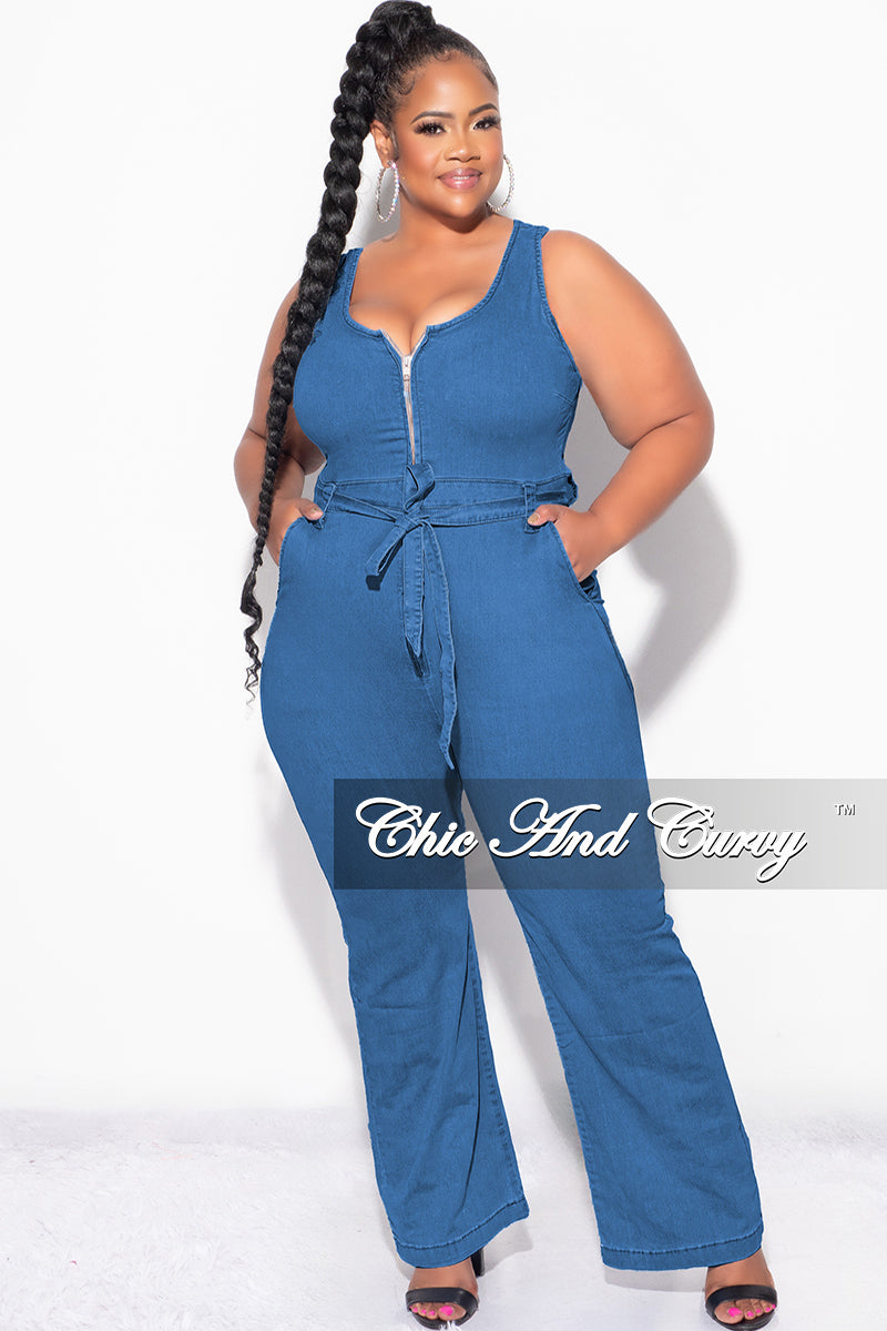 Final Sale Plus Size Sleeveless Zip-Up Jumpsuit with Attached Tie in Dark Denim