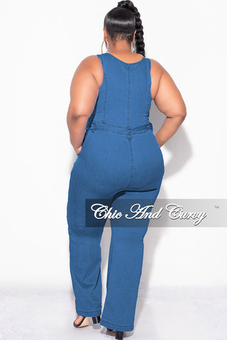 Final Sale Plus Size Sleeveless Zip-Up Jumpsuit with Attached Tie in Dark Denim