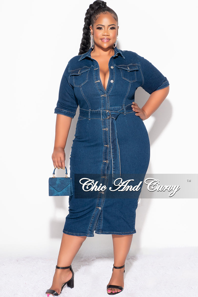 Final Sale Plus Size Collar Button Up Dress with Front Slit in Dark Denim