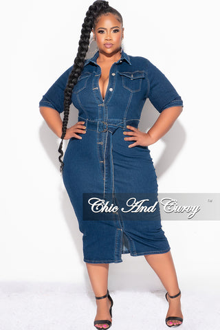 Final Sale Plus Size Collar Button Up Dress with Front Slit in Dark Denim