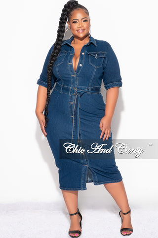 Final Sale Plus Size Collar Button Up Dress with Front Slit in Dark Denim