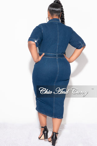 Final Sale Plus Size Collar Button Up Dress with Front Slit in Dark Denim