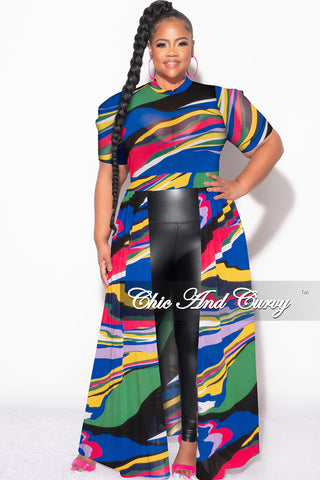 Final Sale Plus Size Mesh Top with Train in Royal Blue Multi Color Print
