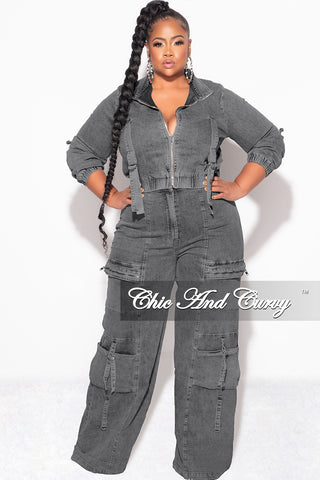 Final Sale Plus Size Zip Up Crop Cargo Jacket & Jeans Set in Brown