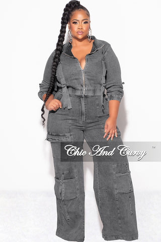 Final Sale Plus Size Zip Up Crop Cargo Jacket & Jeans Set in Brown