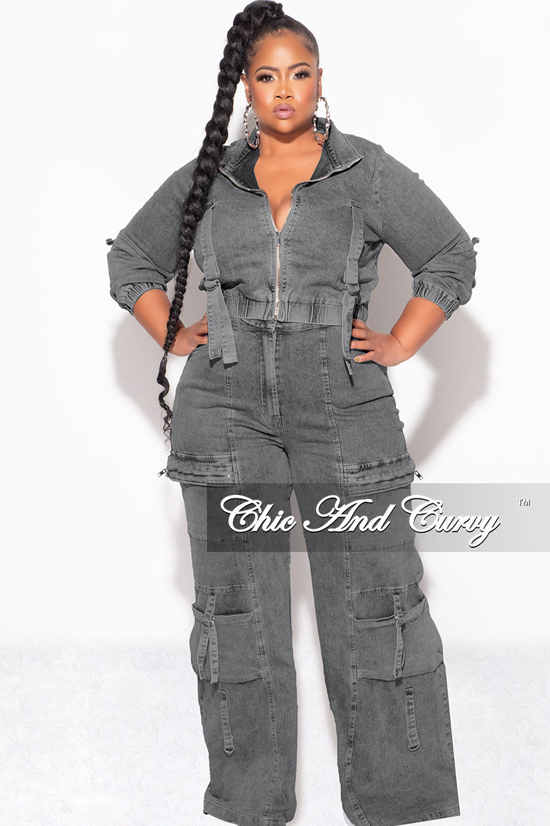 Final Sale Plus Size Zip Up Crop Cargo Jacket & Jeans Set in Brown