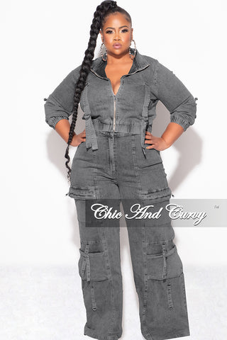 Final Sale Plus Size Zip Up Crop Cargo Jacket & Jeans Set in Brown