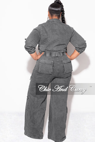 Final Sale Plus Size Zip Up Crop Cargo Jacket & Jeans Set in Brown