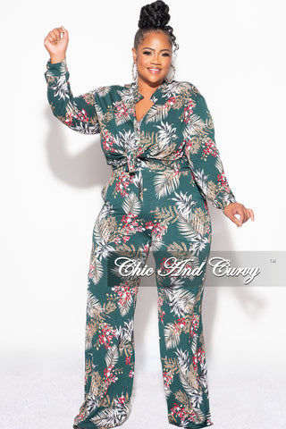 Final Sale Plus Size 2pc Long Sleeved Button Up Shirt and Pants Set in Forest Green & Cranberry