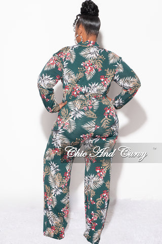 Final Sale Plus Size 2pc Long Sleeved Button Up Shirt and Pants Set in Forest Green & Cranberry