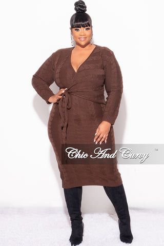 Final Sale Plus Size Faux Wrap Sweater Dress in Brown