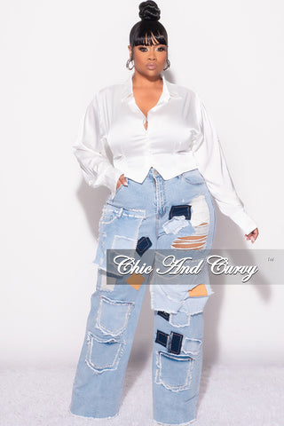 Final Sale Plus Size Collar Button Up Satin Top with Frill Sides in White