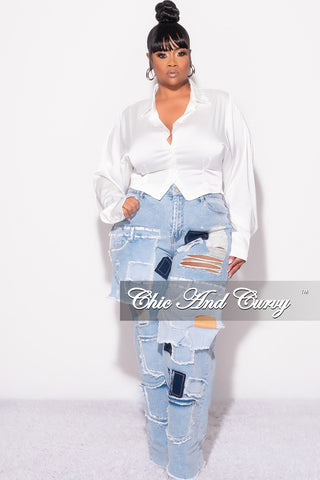 Final Sale Plus Size Collar Button Up Satin Top with Frill Sides in White